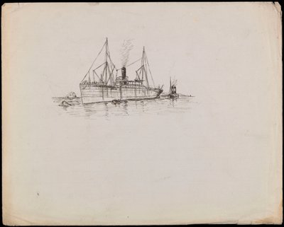 PAH1225; Höyryalus rannikon lähellä, hinaajan ollessa vieressä. Matkustajalaiva hinaajan kanssa ja melahöyrylaiva Tilbury lähellä (piirros). tekijältä John Everett