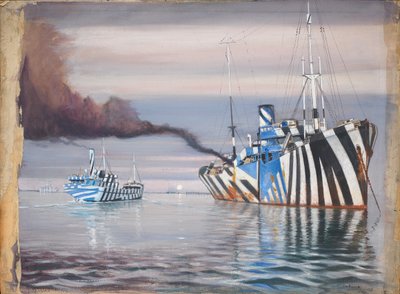 S.S. Lepanto ja toinen höyryalus, molemmat häikäisevästi maalattu, ankkuroituna tyynessä vedessä. tekijältä John Everett