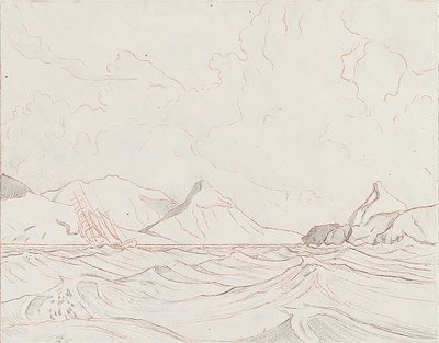 Merimaisema, jossa alus ohittaa maata (1), 1900-luvun alku (grafiitti, ruskea väriliitu) tekijältä John Everett
