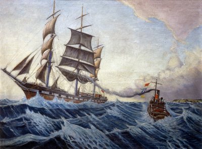 Iquique ja hinaaja Warrior Englannin rannikon pohjukassa matkalla Lontoon (Englanti) ja Sydneyn (Australia) välillä joulukuun 1898 ja huhtikuun 1899 välisenä aikana. tekijältä John Everett