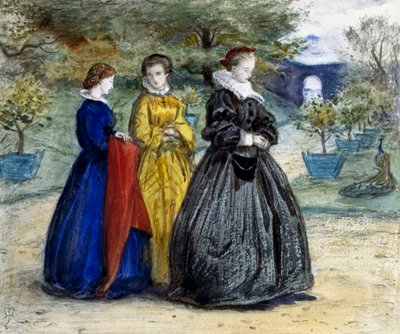 "Mary Queen of Scots" Kuningatar Mary Stuart (1542-1587) eli Skotlannin Maria I ja hänen seurueensa. John Everett Millaisin (1829-1896) (prerafaeeliitti) maalaus. tekijältä John Everett Millais