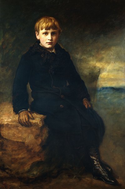 Muotokuva Cecil Webbistä, istuu koko pituudeltaan, yllään musta takki ja turkiskaulus, 1887 tekijältä John Everett Millais