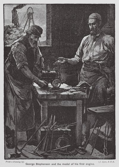 George Stephenson ja hänen ensimmäisen moottorinsa pienoismalli (värilitografia). tekijältä John Eyre