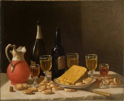 Asetelma, jossa on pulloja, viiniä ja juustoa 1857 (Öljy kankaalle) tekijältä John F. Francis