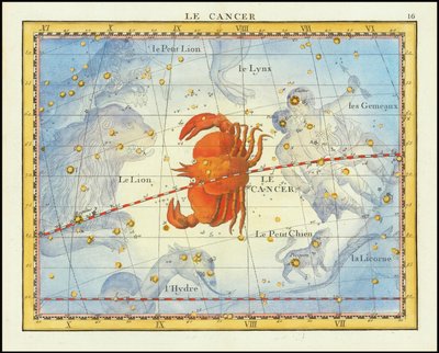 Vuoden 1776 kartta Cancer-tähdistöstä ja sen naapuritähtikuvioista Fortinin Atlas Celeste de Flamsteed -teoksesta. tekijältä John Flamsteed
