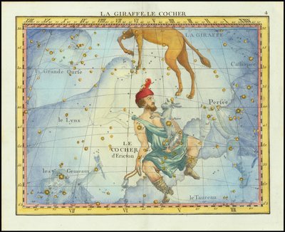 Vuoden 1776 tähtikartta Camelopardalin ja Aurigan tähdistöstä sekä naapuritähtikuvioista Fortinin Atlas Celeste de Flamsteed -teoksesta. tekijältä John Flamsteed