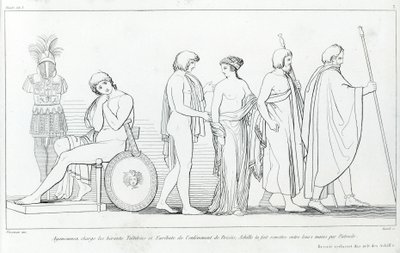 Agamemnon syytti heraldeja Taltibiusta ja Euribatia Briseisin sieppauksesta; Patrokles antoi Akilles sen heidän käsiinsä. John Flaxmanin (1755 - 1826) piirustus. Homeroksen Ilias. Laulaminen I tekijältä John Flaxman
