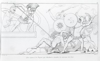 Ajax torjuu troijalaiset, jotka yrittävät polttaa kreikkalaiset laivat. John Flaxmanin (1755 - 1826) piirustus. Homeroksen Ilias. Laulu XV. tekijältä John Flaxman