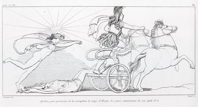 Apollo, auringonjumala, suojaa Hectorin ruumista ja peittää hänet kokonaan kullalla. Laulu XXIV. John Flaxmanin (1755 - 1826) piirustus. Homeroksen Ilias. tekijältä John Flaxman