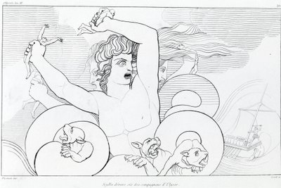 Charybden ja Scyllan jakso: kuusi Ulysseksen toveria on nielty. John Flaxmanin (1755 - 1826) piirustus. Homeroksen Odysseia. Laulu XII. tekijältä John Flaxman