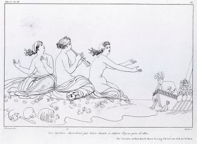 Merenneidot pyrkivät laulullaan houkuttelemaan Ulyssesia. John Flaxmanin (1755 - 1826) piirustus. Homeroksen Odysseia. Laulu XII. tekijältä John Flaxman