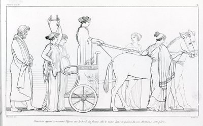 Nausicaa, joka juuri tapasi Ulysseksen, vie hänet takaisin isänsä palatsiin, kuningas Alkinoosiin. John Flaxmanin (1755 - 1826) piirustus. Homeroksen Odysseia. Laulu VI. tekijältä John Flaxman