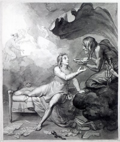 Thomas Chatterton saa kulhollisen myrkkyä Epätoivolta (kynä, muste ja pesu paperille). tekijältä John Flaxman