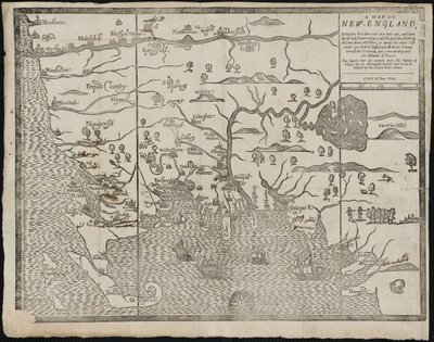 Uuden Englannin kartta Lähettäjä: William Hubbards New-Englandin nykyinen osavaltio, 1677 tekijältä John Foster