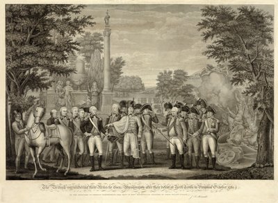 Britit luovuttamassa aseensa kenraali Washingtonille tappionsa jälkeen York Townissa Virginiassa lokakuu 1781, pub. 1819 (kaiverrus) tekijältä John Francis (after) Renault