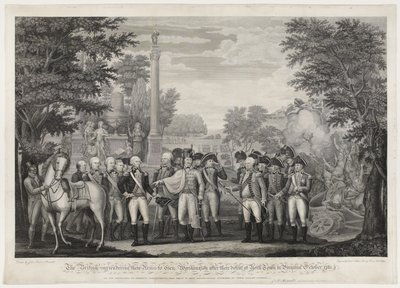 Britit luovuttivat aseensa Gen: Washingtonille tappionsa jälkeen York Townissa Virginiassa lokakuussa 1781. tekijältä John Francis (after) Renault