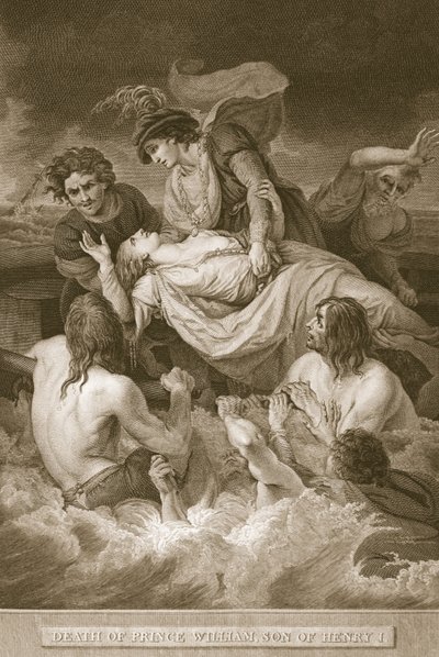 Prinssi Williamin, Henry I:n pojan, kuolema, kaiverrus J. Stow, kuvitus David Humen teoksesta "The History of England", pub. R. Bowyer, Lontoo, 1812 tekijältä John Francis Rigaud