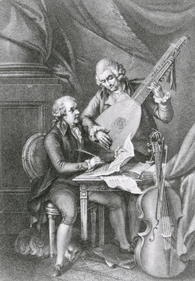 Muotokuva Franz Joseph Haydnista (1732-1809) ja Wolfgang Amadeus Mozartista (1756-91) säveltämässä musiikkia luuttulle, kaivertaja Michele Benedetti (1745-1810). tekijältä John Francis Rigaud