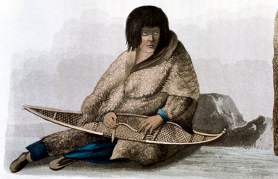Kuparinen intialainen tyttö korjaa lumikenkiä, 1823 tekijältä John Franklin