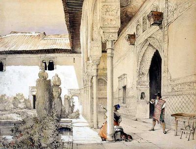 Sisäänkäynti Suurlähettiläshalliin, "Alhambran luonnokset ja piirustukset", kaiverrus William Gauci (fl.1825-54) tekijältä John Frederick (after) Lewis