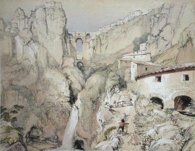Gypsies, Ronda, teoksesta "Sketches of Spain", kaiverrus Charles Joseph Hullmandel (1789-1850), julkaistu 1836 (väri litho) tekijältä John Frederick (after) Lewis