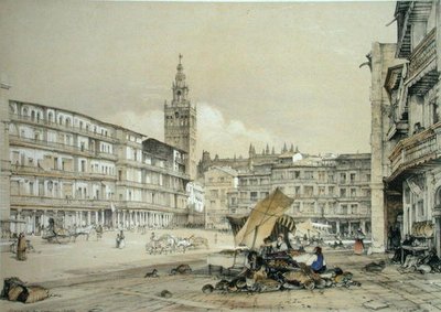 Plaza de San Francisco, Sevilla, julkaisusta "Sketches of Spain", kaiverrettu Charles Joseph Hullmandel (1789-1850), julkaistu 1836 (väri litho) tekijältä John Frederick (after) Lewis