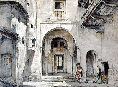 Moskeijan sisäänkäynti, "Alhambran luonnokset ja piirustukset", kaivertanut William Gauci (fl.1825-54) tekijältä John Frederick (after) Lewis