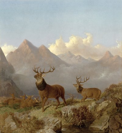 Yksityiskohta hirvieläimistä ja takista ylämaan maisemassa, 1864 tekijältä John Frederick Herring Junior