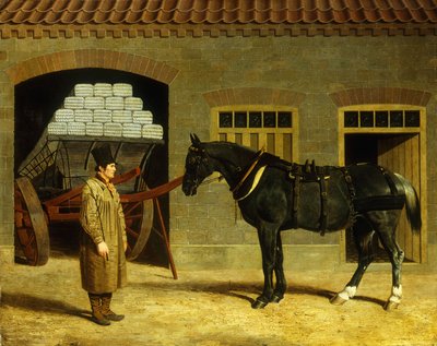 Kärryhevonen ja kuljettaja tallin ulkopuolella, 1827 tekijältä John Frederick Herring Senior