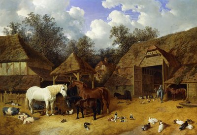 Taiteilijan maatila Meophamissa, Kentissä, hevosten, shetlanninponien, sikojen, ankkojen, kyyhkysten ja kanojen kanssa, 1857 tekijältä John Frederick Herring Senior