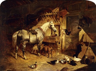 Tallin sisustus, jossa on kirkkaanharmaa hevonen valjaissa, ankkoja, vuohia ja kukko seimessä, 1843 tekijältä John Frederick Herring Senior