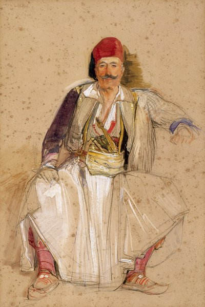 Corfiote Warrior, istuva (akvarelli lyijykynällä luonnonvalkoiselle paperille) tekijältä John Frederick Lewis