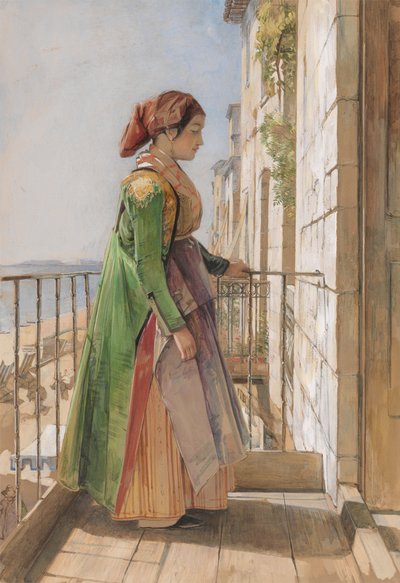 Kreikkalainen tyttö seisoo parvekkeella tekijältä John Frederick Lewis