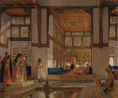 Nainen vastaanottamassa vieraita (vastaanotto) tekijältä John Frederick Lewis
