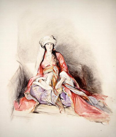 Levantine nainen turkkilaisessa mekossa, Konstantinopoli (akvarelli lyijykynällä korotettuna vartalovärillä) tekijältä John Frederick Lewis
