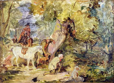 Luonnos Foresters Stalking Deer -peuralle (öljy hiilellä paneelissa) tekijältä John Frederick Lewis