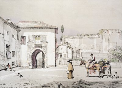 Viiniköynnöksen portti (Puerta del Vino), teoksesta "Alhambran luonnokset ja piirustukset", kaiverrus James Duffield Harding (1798-1863), 1833 tekijältä John Frederick Lewis