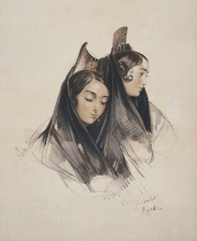 Girls of the Ronda, Andalusia, levy 11 julkaisusta Sketches of Spain, kaiverrettu Charles Joseph Hullmandel (1789-1850), julkaistu 1836 tekijältä John Frederick Lewis