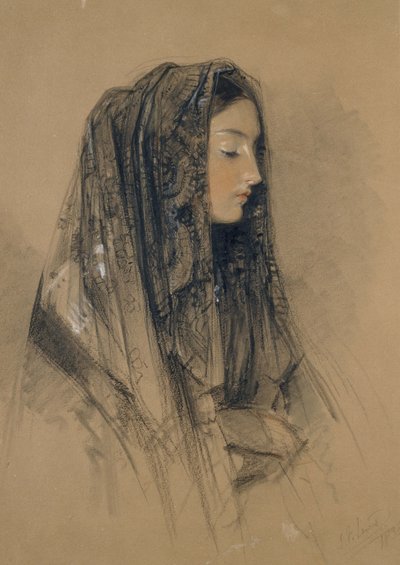 Italian tytön pää mantillassa, 1838 (punainen ja musta liitu ja intialainen mustetta vesiväreillä ja vartaloväreillä kiillotuslevyllä) tekijältä John Frederick Lewis
