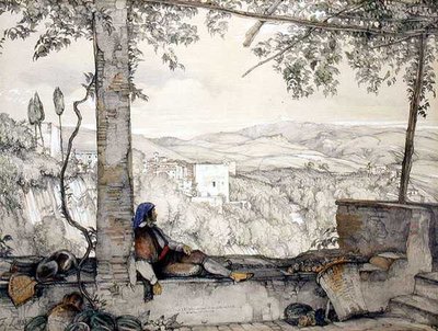 Sierra Nevada ja osa Alhambraa, Adarvesista, "Alhambran luonnokset ja piirustukset" tekijältä John Frederick Lewis