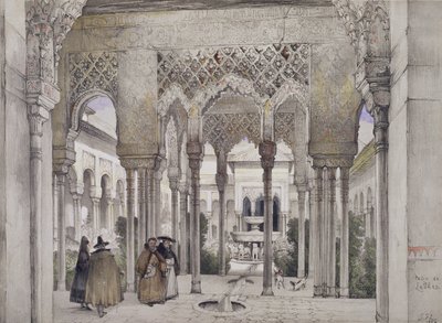 Leijonien tuomioistuin (Patio de los Leones), teoksesta "Alhambran luonnokset ja piirustukset", kaiverrus William Gauci (fl.1825-54), 1834 tekijältä John Frederick Lewis