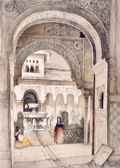Leijonien lähde, Abencerrajes-salista, "Alhambran luonnokset ja piirustukset", kaivertanut William Gauci (fl.1825-54) tekijältä John Frederick Lewis