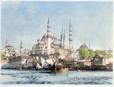 Yeni Jami ja Pyhä Sofia Kultaisesta sarvesta, taiteilijan kaivertama "Illustrations of Constantinopolin" levy 9, pub. 1838 tekijältä John Frederick Lewis