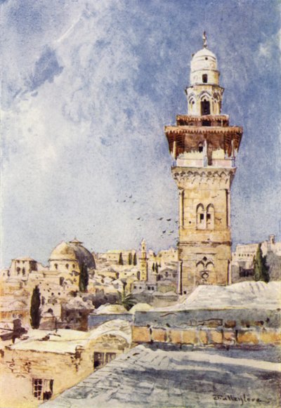 Minareetti temppelialueen luoteiskulmassa (väri litho) tekijältä John Fulleylove
