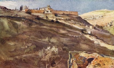 Jerusalem, temppelialueen etelämuuri, Hinnomin laaksosta auringonlaskun aikaan tekijältä John Fulleylove