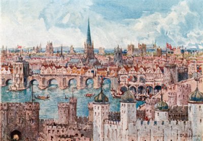 Vanha Lontoon silta vuonna 1386 (värilitografia) tekijältä John Fulleylove