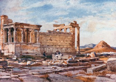 Erechtheumin eteläpuoli, jossa on Athena Poliasin aikaisemman temppelin perustukset tekijältä John Fulleylove