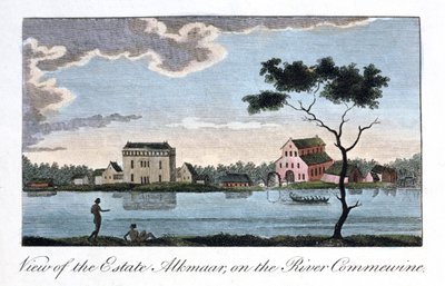 Näkymä Alkmaarin kartanolle, Commewine-joelle, 1813 tekijältä John Gabriel Stedman