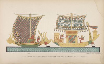 Veneitä värillisillä purjeilla, Thebassa sijaitsevasta Remeses III:n haudasta, kuvitus teoksesta "Muinaisten egyptiläisten tavat ja tavat...", 1837-41 tekijältä John Gardner Wilkinson