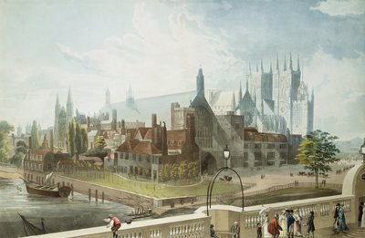 Westminster Hall ja Abbey, kaiverrettu Daniel Havell (1785-1826), julkaissut Rudolph Ackermann (1764-1834) 1819 (värillinen akvatinta) tekijältä John Gendall
